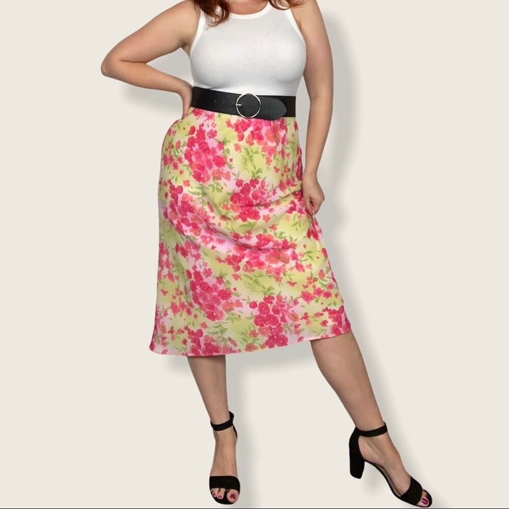 Vintage SL Fashions Petites Size 12 Pastel Pink/Yellow Floral Print Midi Skirt - Picture 3 of 11